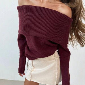 Burgundy Casual Women's Off-Shoulder Long-Sleeve Knitted Sweater